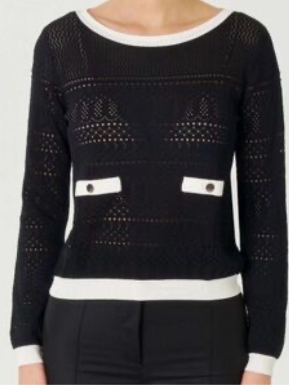 Jason Wu Black Eyelet Knit Crew Sweater with White Trim